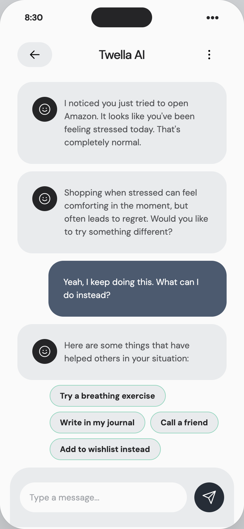 Twella AI chat about an Amazon urge