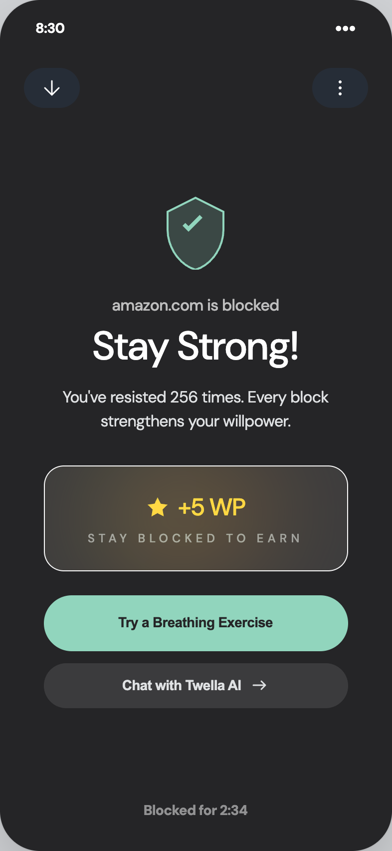Twella block screen — amazon.com is blocked, Stay Strong